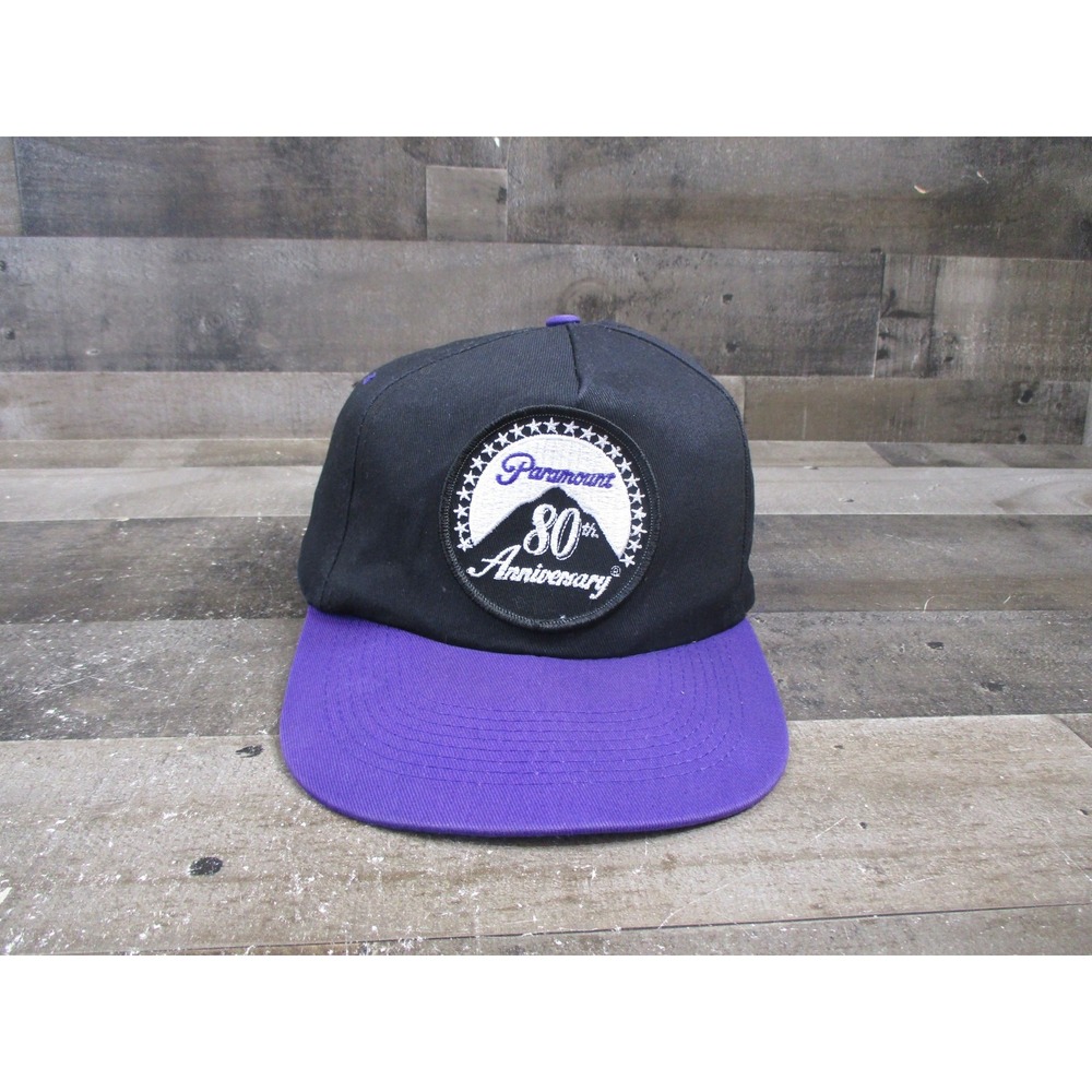 VINTAGE Paramount Hat Cap Snap Back Black Purple 80th Anniversary Patch Mens 90s